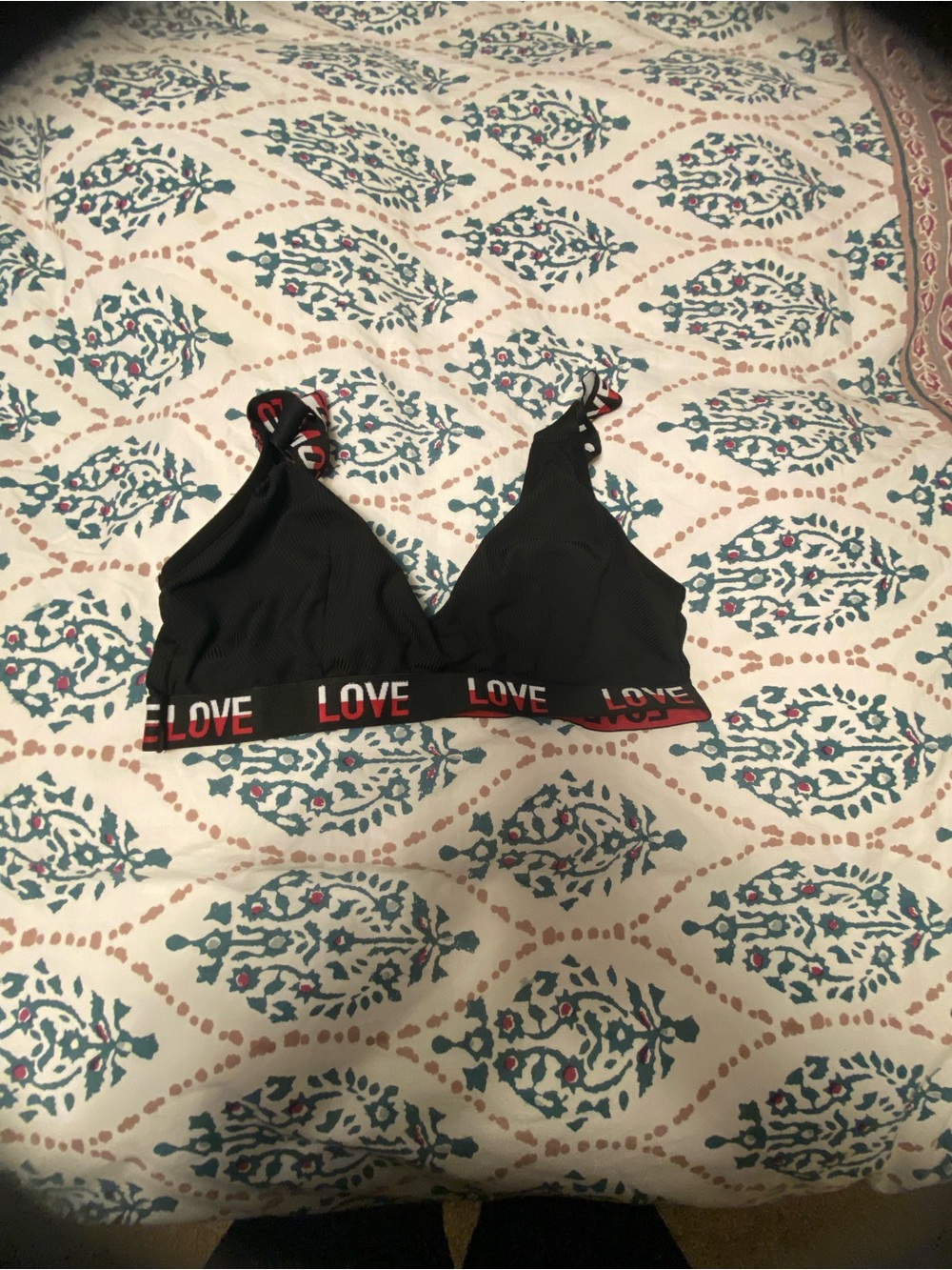 Black 'LOVE' Ribbed Triangle Swim Top